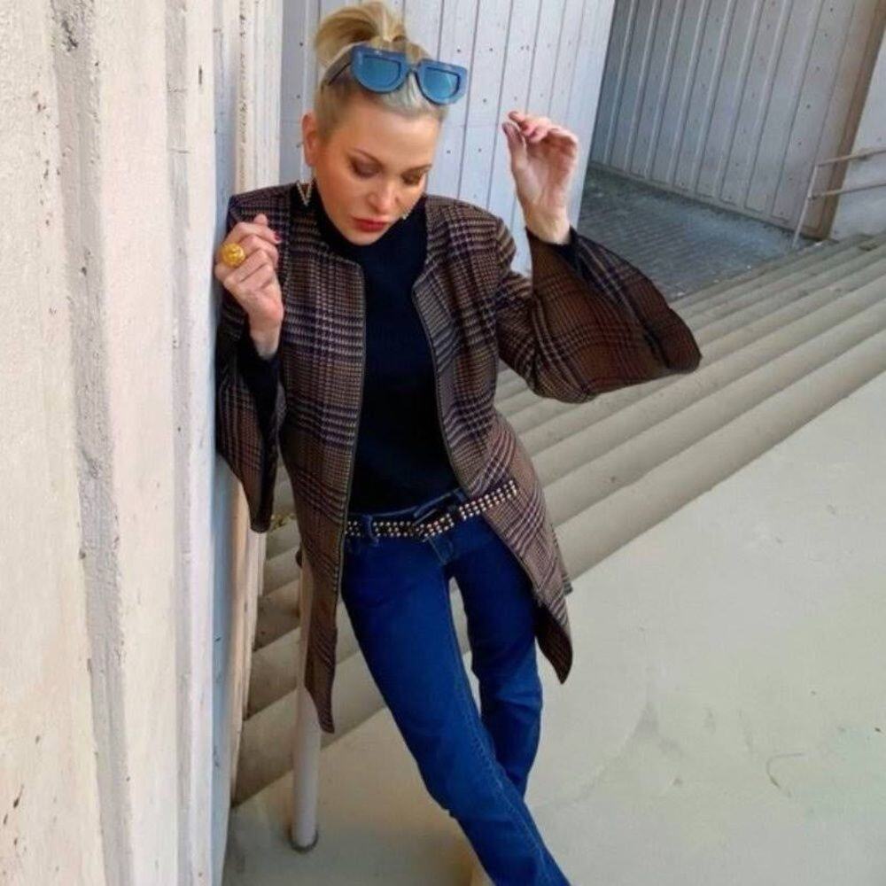 Cabi Flounce Tartan Plaid Jacket in‎ Brown small houndstooth fall peplum 3902
